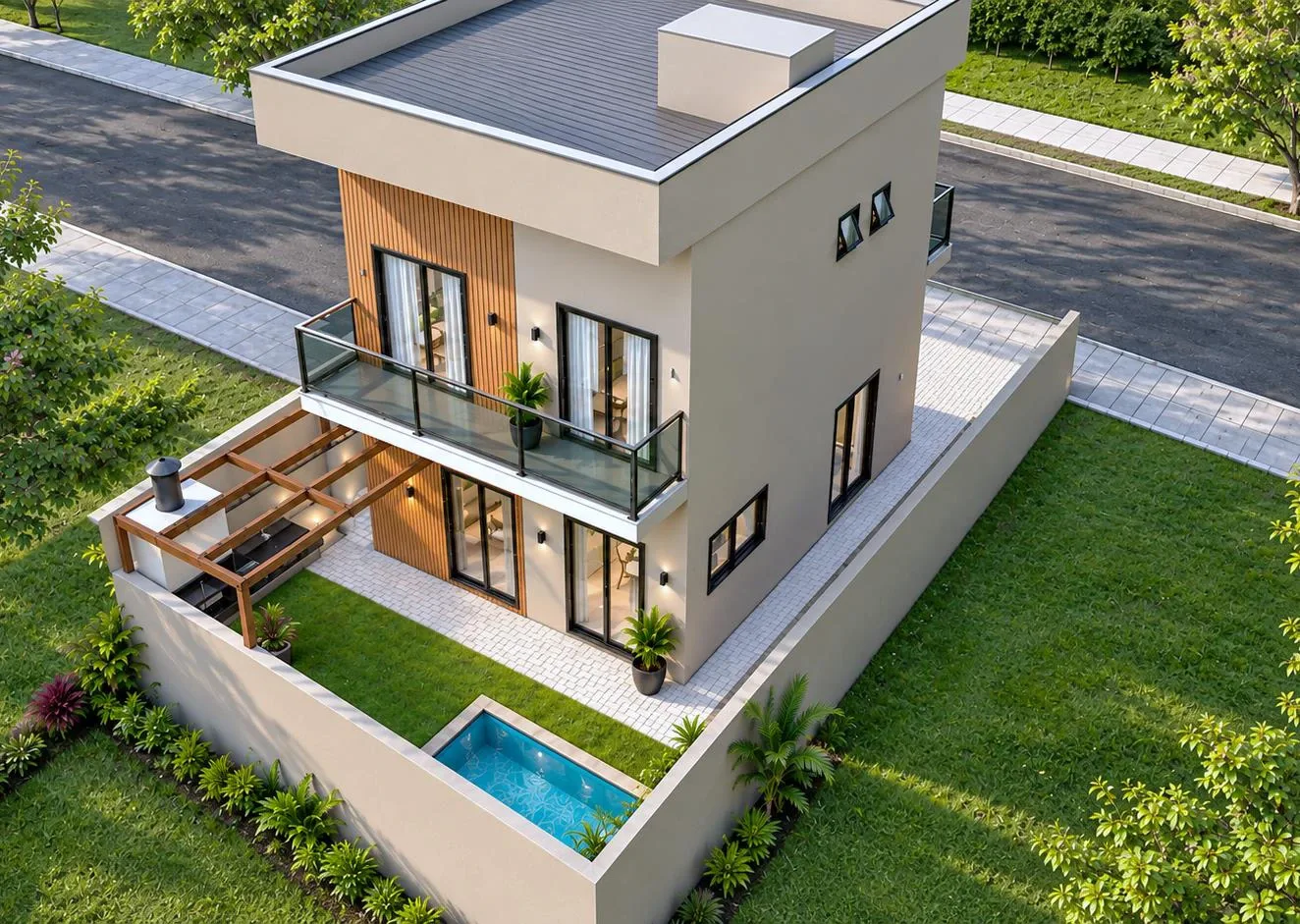 Vista aérea da casa modelo com área gourmet e piscina