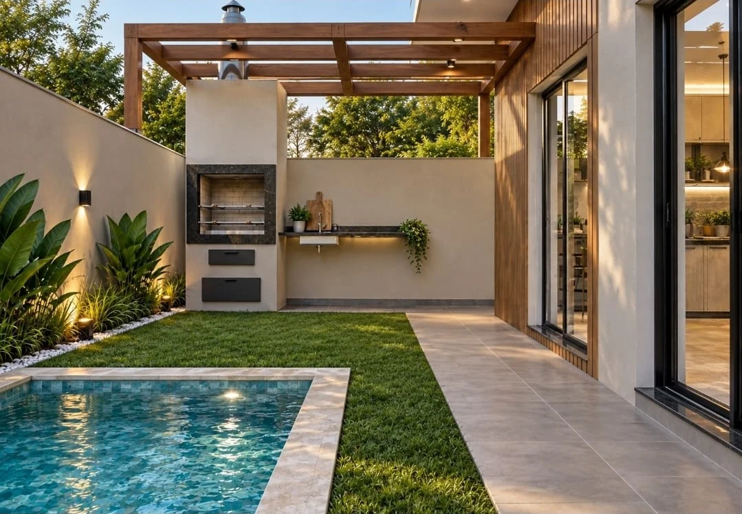 Área gourmet com piscina da casa modelo