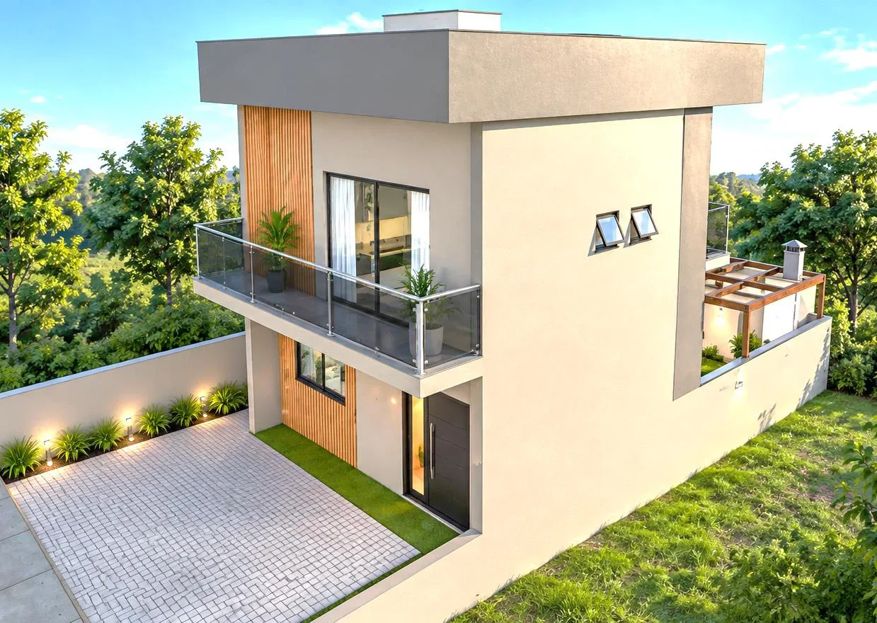 Fachada lateral da casa modelo do Residencial Eucaliptos
